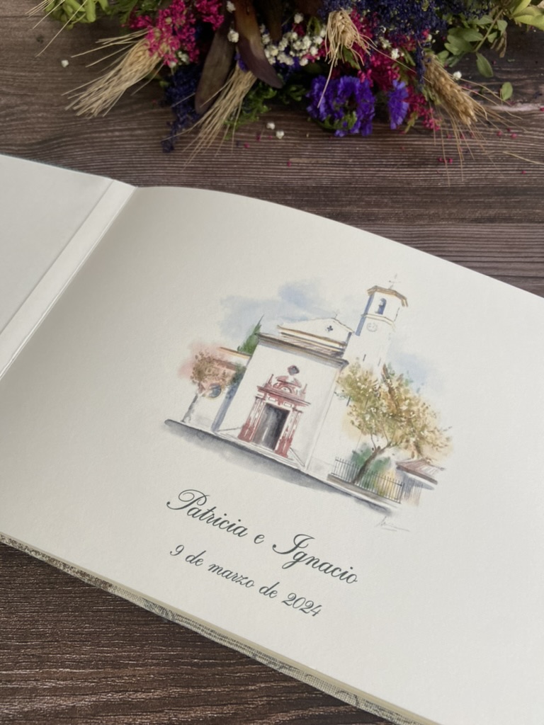 Ilustradora criando aquarela sob encomenda para livro de assinaturas personalizado para casamentos